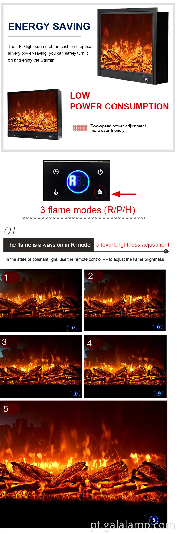 Lareira elétrica moderna e moderna com simulação de chama realista
